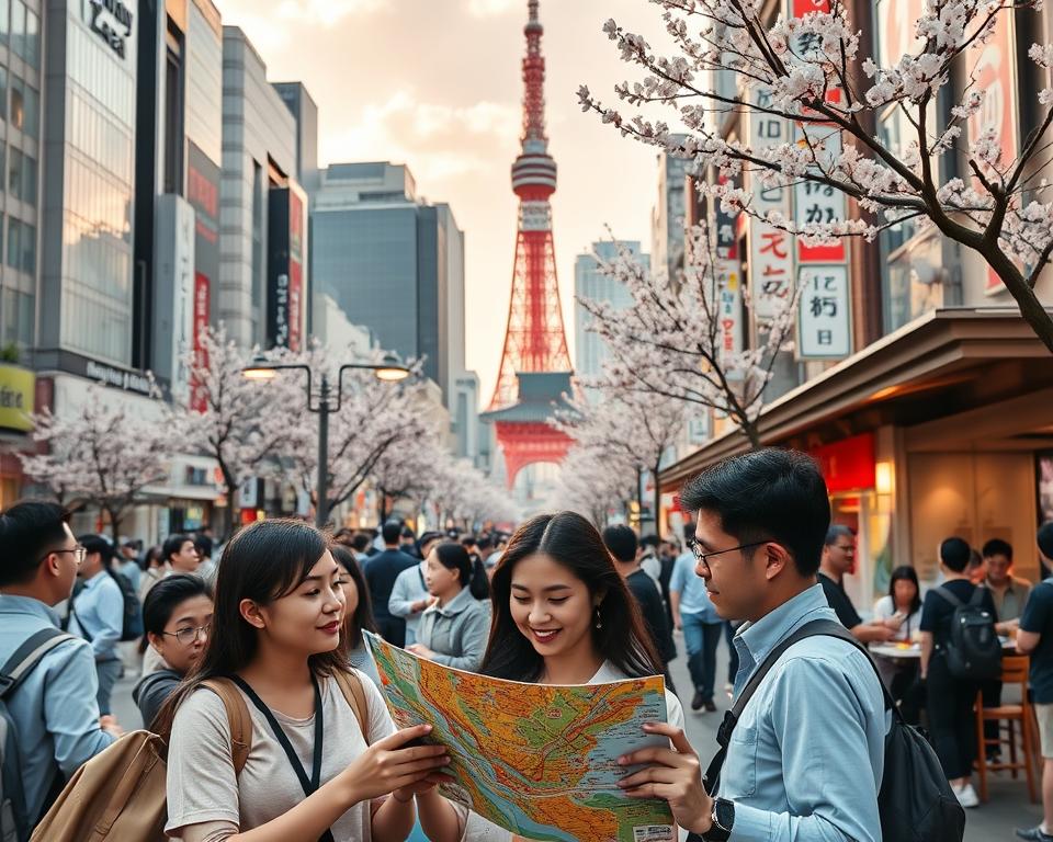 A vibrant street scene in Tokyo, capturing the essence of tourism during peak season. In the foreground, a diverse group of tourists in professional casual clothing, looking at a colorful map of the city, their excitement palpable. In the middle ground, traditional cherry blossom trees in full bloom line the streets, while modern skyscrapers and neon signs illustrate the juxtaposition of old and new Japan. The background features iconic landmarks like the Tokyo Tower and Senso-ji Temple, bathed in soft, warm afternoon light. The bustling atmosphere conveys the lively energy of the city, with people enjoying outdoor cafes and street vendors. The perspective is slightly elevated, offering a dynamic view of the vibrant street life, emphasizing the allure of visiting Tokyo during its peak tourist season.