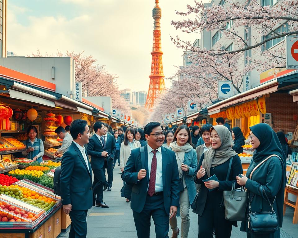 A vibrant street scene in Tokyo during various seasons to illustrate the price differences in travel times. In the foreground, showcase a bustling market with colorful stalls displaying seasonal fruits, flowers, and souvenirs. Middle ground features a diverse group of travelers in professional business attire and modest casual clothing, discussing prices and travel plans, with expressions of excitement. The background reveals iconic Tokyo landmarks like the Tokyo Tower and cherry blossom trees or autumn foliage, depending on the season. Use warm, inviting lighting to create an atmosphere of discovery and exploration. Capture from a slightly elevated angle to provide a panoramic view of the lively scene, highlighting the dynamic nature of tourism and seasonal changes.