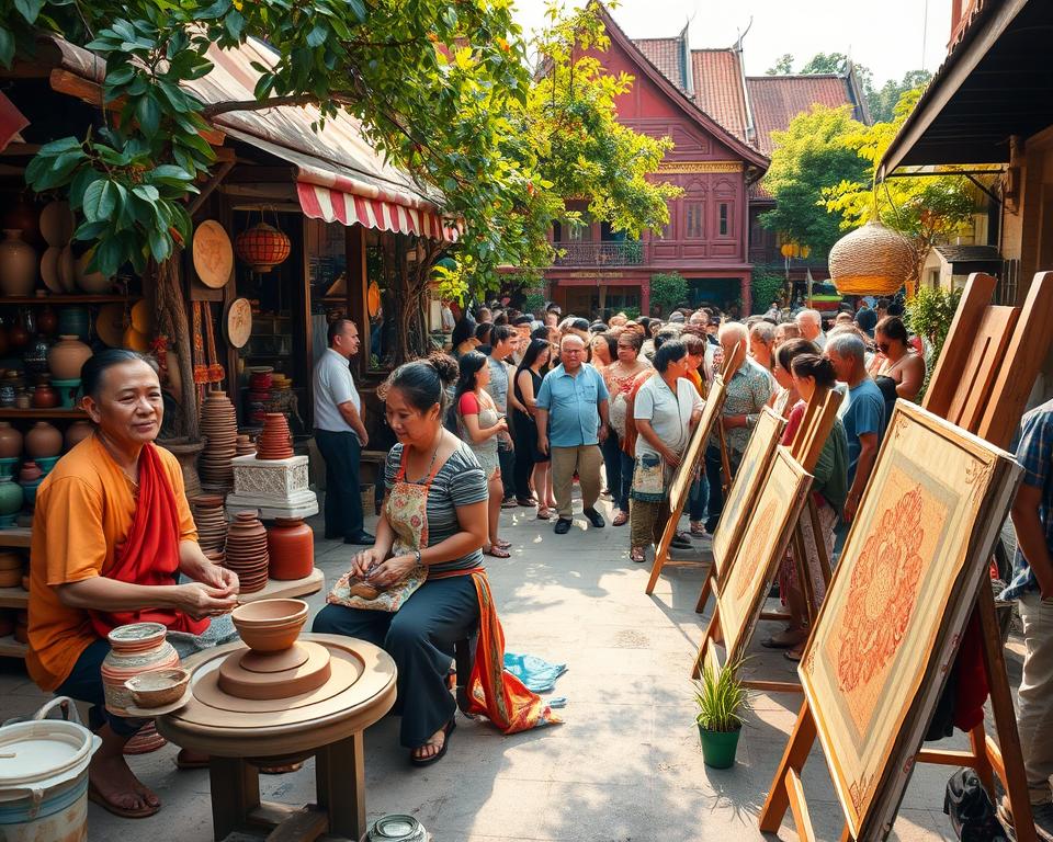 A vibrant street scene in the creative district of Chiang Mai, filled with local artisans showcasing their crafts in an open-air market. In the foreground, a skilled potter shapes clay at his wheel, surrounded by colorful pottery. Next to him, a woman is painting intricate designs on handcrafted textiles, her modest clothing reflecting local style. The middle ground reveals a lively crowd of visitors admiring artwork displayed on easels, with lush greenery and decorative plants adding life to the scene. In the background, traditional Thai architecture is visible under warm, golden sunlight, casting gentle shadows. The atmosphere is bustling yet artistic, inviting viewers into the heart of Chiang Mai's creative culture. Capture this scene with a vibrant color palette and a slightly overhead angle to emphasize the variety of crafts.