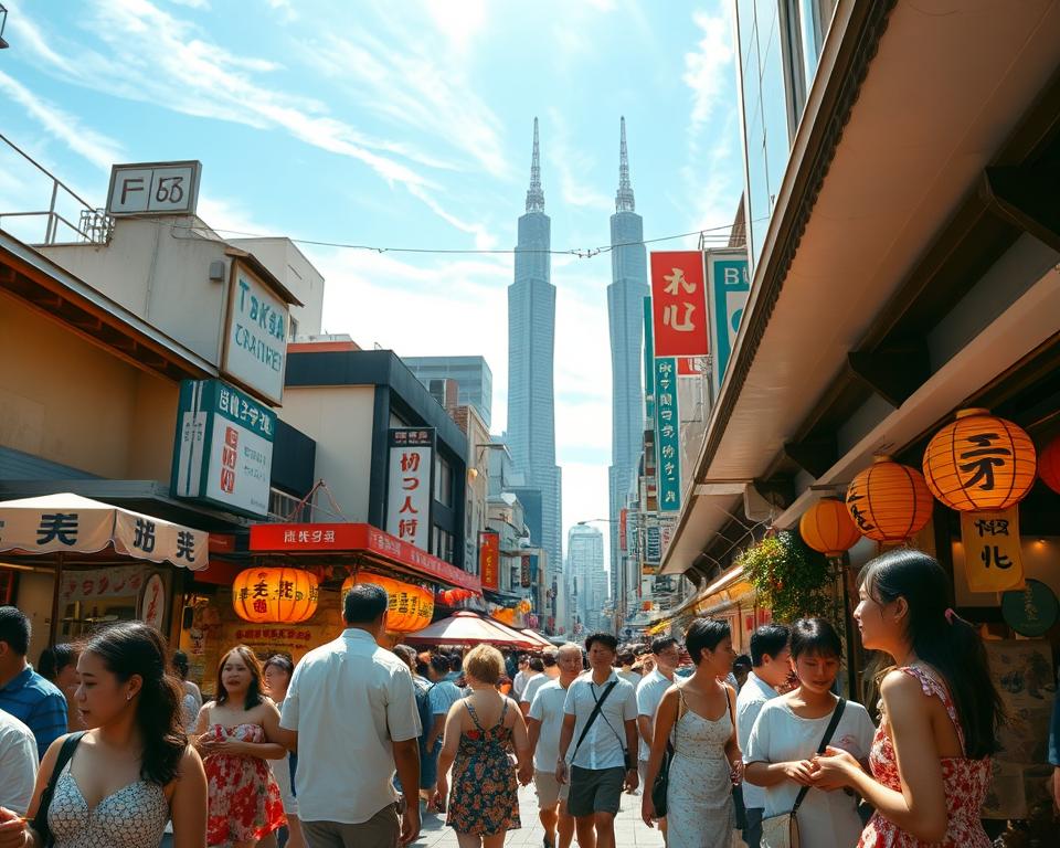 A vibrant summer scene in Tokyo, showcasing a bustling street filled with people enjoying a festive day. In the foreground, diverse individuals dressed in light, modest summer clothing, such as sundresses and casual shirts, are engaged in lively conversation, some holding traditional festival food like yakitori and takoyaki. The middle ground features colorful lanterns and stalls adorned with decorations, creating a festive atmosphere. In the background, the iconic Tokyo skyline is visible, with skyscrapers glimmering under bright sunlight. The scene captures a clear blue sky with wispy clouds and a warm golden glow reflecting the summer heat. The viewpoint is angled slightly upwards to emphasize the height of the buildings, creating a lively and inviting mood that embodies the essence of summer in Tokyo.
