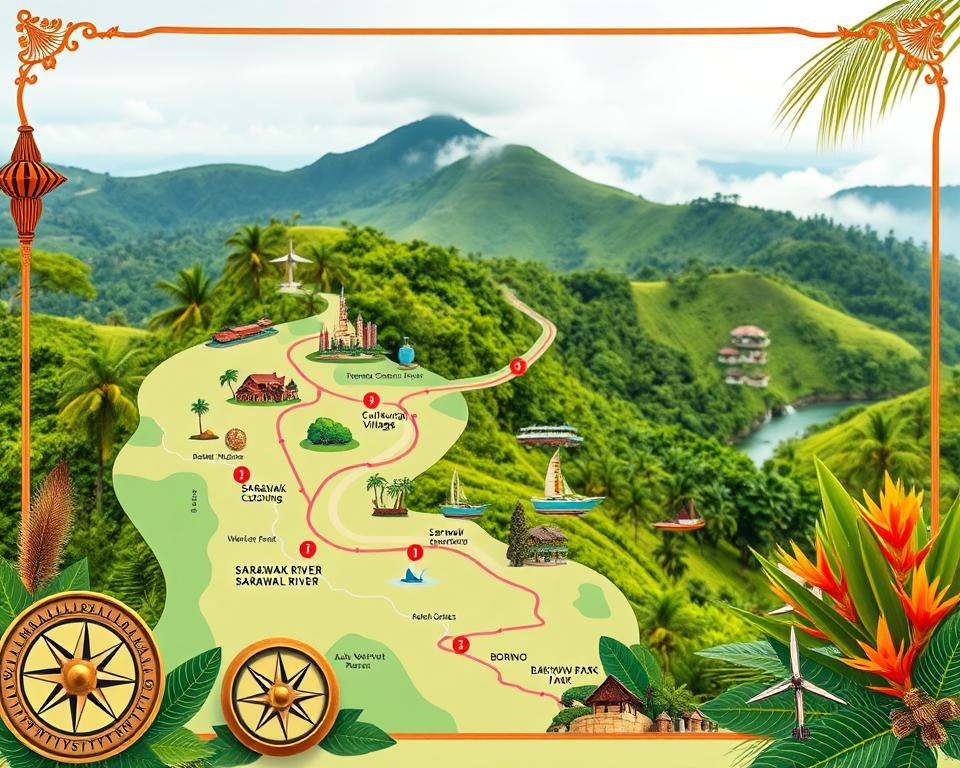 A vibrant travel route map of Kuching, Borneo, showcasing popular itineraries for tourists. In the foreground, include decorative elements like traditional Sarawak motifs and travel icons, such as a compass and palm trees. In the middle ground, depict a winding path marked with highlighted attractions, like the Sarawak Cultural Village, Bako National Park, and waterfront views of the Sarawak River. The background features a lush, green landscape representing Borneo’s tropical environment with misty hills and colorful local flora. Capture the scene with soft, natural lighting to evoke a welcoming atmosphere. Use a wide-angle lens perspective to include a sense of depth, inviting viewers into their journey through Kuching.