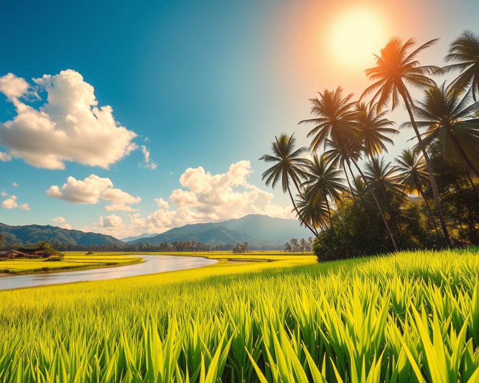 A vibrant tropical scene representing Southeast Asia’s climate, showcasing lush green rice paddies in the foreground with vivid, sunlit textures. In the middle ground, a winding river reflects the bright blue sky, where fluffy white clouds drift lazily. Overhead, tall palm trees sway gently in a warm breeze, casting soft shadows. In the background, majestic mountains rise under the golden sun, indicating diverse climates within the region. The atmosphere is serene and inviting, encapsulating the ideal time for travel. Utilize soft natural lighting to enhance the lush colors, with a wide-angle lens to capture the expansive landscape.