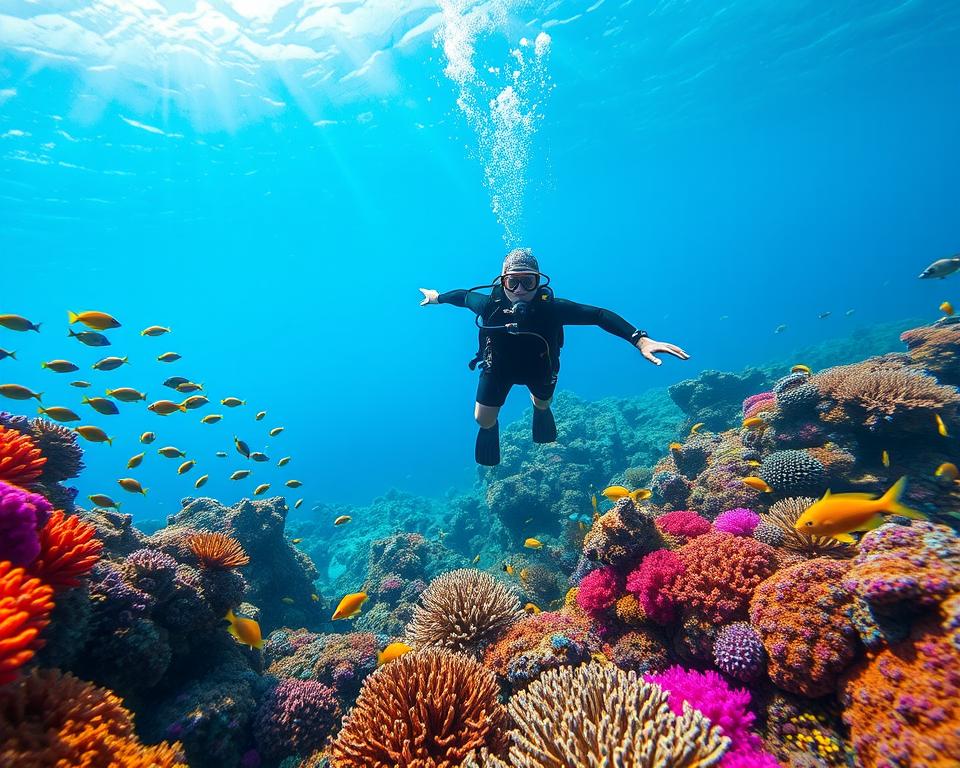 A vibrant underwater scene depicting scuba diving in Sanya, China. In the foreground, a scuba diver in a modest wetsuit explores a colorful coral reef, surrounded by schools of tropical fish and vibrant marine life. The diver is positioned in a dynamic swimming pose, capturing the essence of adventure. In the middle ground, additional marine fauna and corals create a lively underwater landscape, enhancing the sense of depth. In the background, beams of sunlight filter through the clear ocean water, illuminating the scene and creating a serene atmosphere. The image has a bright, cheerful color palette, with a focus on blues and greens, evoking a sense of tranquility and excitement. The overall mood is energetic yet peaceful, inviting viewers to experience the beauty of water sports in Sanya. A vibrant underwater scene depicting scuba diving in Sanya, China. In the foreground, a scuba diver in a modest wetsuit explores a colorful coral reef, surrounded by schools of tropical fish and vibrant marine life. The diver is positioned in a dynamic swimming pose, capturing the essence of adventure. In the middle ground, additional marine fauna and corals create a lively underwater landscape, enhancing the sense of depth. In the background, beams of sunlight filter through the clear ocean water, illuminating the scene and creating a serene atmosphere. The image has a bright, cheerful color palette, with a focus on blues and greens, evoking a sense of tranquility and excitement. The overall mood is energetic yet peaceful, inviting viewers to experience the beauty of water sports in Sanya.