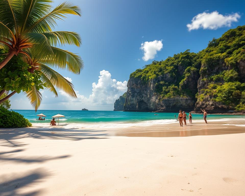 Breathtaking view of the pristine beaches of Pulau Tioman, Malaysia, featuring soft white sand and gentle turquoise waves lapping at the shore. In the foreground, lush greenery with vibrant palm trees swaying in the breeze. The middle ground showcases serene beachgoers in modest swimwear enjoying the sun, with beach umbrellas providing shade. The background reveals rugged cliffs covered in rich tropical foliage under a clear blue sky, with a few fluffy white clouds scattered. The sunlight casts a warm golden glow, enhancing the tranquil atmosphere. Capture the scene from a low angle to emphasize the foreground sand and the natural beauty surrounding the beach, creating an inviting and idyllic island paradise vibe. Breathtaking view of the pristine beaches of Pulau Tioman, Malaysia, featuring soft white sand and gentle turquoise waves lapping at the shore. In the foreground, lush greenery with vibrant palm trees swaying in the breeze. The middle ground showcases serene beachgoers in modest swimwear enjoying the sun, with beach umbrellas providing shade. The background reveals rugged cliffs covered in rich tropical foliage under a clear blue sky, with a few fluffy white clouds scattered. The sunlight casts a warm golden glow, enhancing the tranquil atmosphere. Capture the scene from a low angle to emphasize the foreground sand and the natural beauty surrounding the beach, creating an inviting and idyllic island paradise vibe.