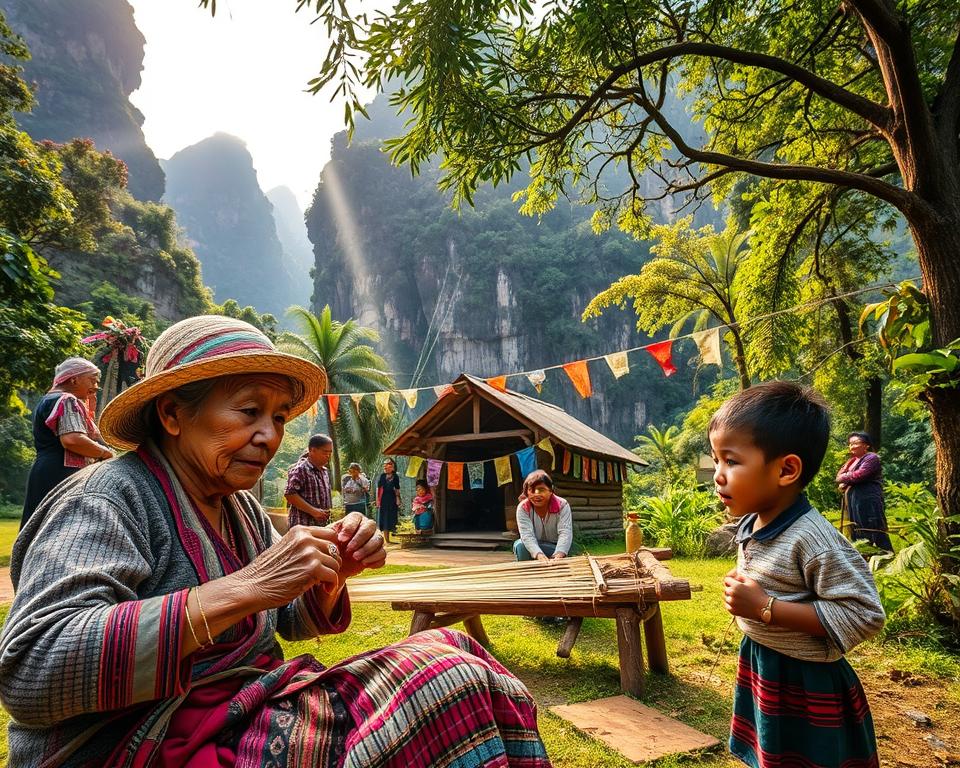 In a vibrant scene set within the lush greenery of Phong Nha-Ke Bang National Park, a group of ethnic minorities, dressed in traditional, modest clothing, engage in cultural activities. In the foreground, an elderly woman weaves handcrafted textiles, her weathered hands displaying years of skill, while a young boy curiously observes her work. The middle ground captures a small wooden hut adorned with colorful banners, symbolizing local heritage. In the background, towering limestone cliffs create a dramatic backdrop, partially shrouded in mist, with sunlight filtering through the dense treetops, casting a warm, golden glow on the scene. The atmosphere is serene yet alive with the richness of cultural heritage, evoking a sense of connection between the land and its people. In a vibrant scene set within the lush greenery of Phong Nha-Ke Bang National Park, a group of ethnic minorities, dressed in traditional, modest clothing, engage in cultural activities. In the foreground, an elderly woman weaves handcrafted textiles, her weathered hands displaying years of skill, while a young boy curiously observes her work. The middle ground captures a small wooden hut adorned with colorful banners, symbolizing local heritage. In the background, towering limestone cliffs create a dramatic backdrop, partially shrouded in mist, with sunlight filtering through the dense treetops, casting a warm, golden glow on the scene. The atmosphere is serene yet alive with the richness of cultural heritage, evoking a sense of connection between the land and its people.