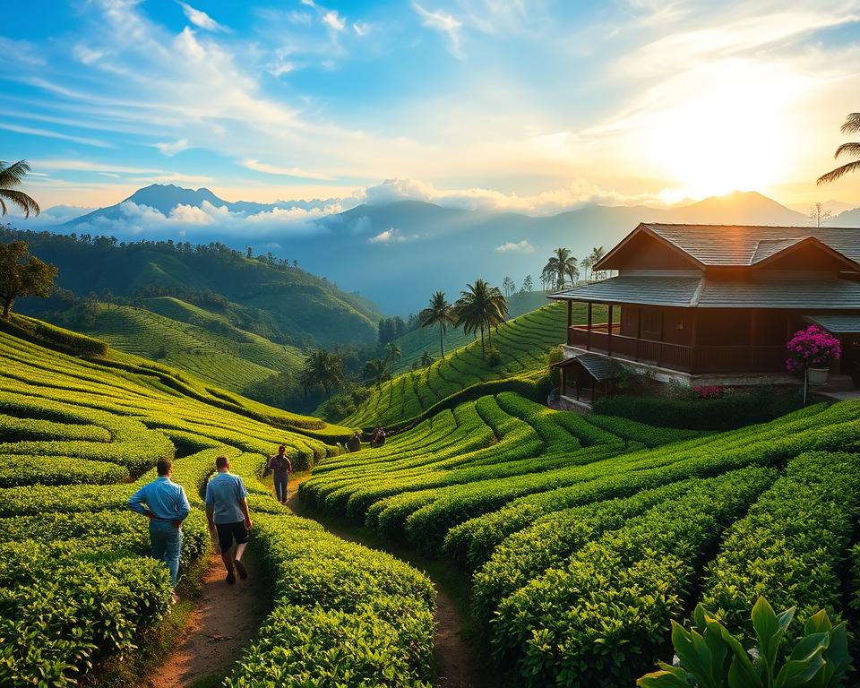 Lush rolling hills of the Cameron Highlands in Malaysia, with tea plantations and vibrant green terraces. In the foreground, a narrow path winds through a vibrant tea farm, dotted with tea pickers in modest, casual clothing, busy at their work. The midground features a quaint colonial style tea house with wooden balconies, surrounded by blooming flowers. In the background, mist-covered mountains rise under a bright blue sky softly illuminated by the warm golden light of the late afternoon sun. The atmosphere is serene and inviting, encapsulating the beauty and tranquility of this highland retreat. Shot with a wide-angle lens at eye level to emphasize the sweeping landscape.