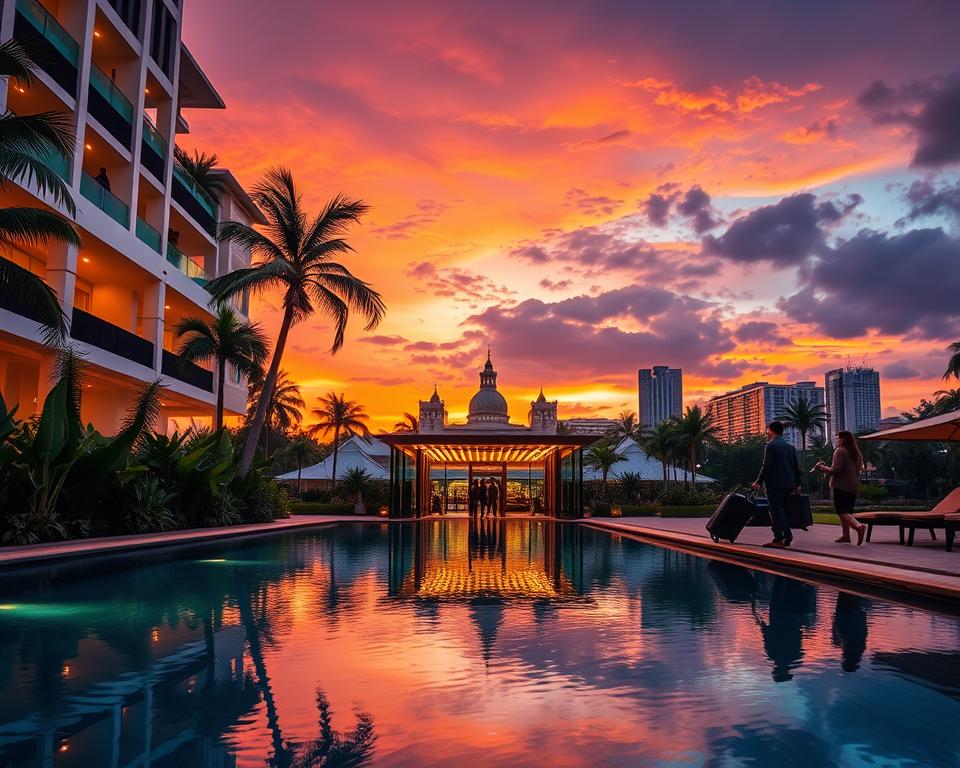Luxurious hotels in Kuching, Borneo, showcasing elegant architecture with a blend of modern and traditional designs. In the foreground, a tranquil infinity pool reflects the soft glow of sunset, surrounded by lush tropical greenery. The middle ground features a lavish hotel entrance with large glass doors, warm ambient lighting, and guests in modest casual clothing arriving with luggage. In the background, the silhouette of Kuching's skyline with its iconic landmarks, such as the Sarawak State Legislative Assembly building, illuminated against a vibrant orange and purple sky. The atmosphere is inviting and serene, with a hint of exotic charm, captured from a low-angle perspective to emphasize the grandeur of the hotels, using soft, diffused lighting to enhance the tranquil setting.