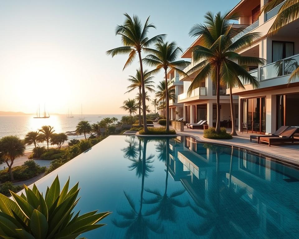 Luxurious resort in Sanya, China, featuring elegant beachfront villas surrounded by lush tropical gardens. In the foreground, a beautifully designed infinity pool reflects the clear blue sky, with stylish lounge chairs and palm trees lining the edges. The middle ground showcases modern architecture of the resort buildings, with large windows and balconies overlooking the ocean. In the background, sailboats can be seen gently bobbing on the sparkling waters of the South China Sea, while the sun sets, casting a warm golden hue across the scene. The mood is serene and inviting, evoking a sense of relaxation and indulgence. Shot with a wide-angle lens to capture the expansive beauty of the landscape, with soft, natural lighting for a tranquil atmosphere. No people or text present. Luxurious resort in Sanya, China, featuring elegant beachfront villas surrounded by lush tropical gardens. In the foreground, a beautifully designed infinity pool reflects the clear blue sky, with stylish lounge chairs and palm trees lining the edges. The middle ground showcases modern architecture of the resort buildings, with large windows and balconies overlooking the ocean. In the background, sailboats can be seen gently bobbing on the sparkling waters of the South China Sea, while the sun sets, casting a warm golden hue across the scene. The mood is serene and inviting, evoking a sense of relaxation and indulgence. Shot with a wide-angle lens to capture the expansive beauty of the landscape, with soft, natural lighting for a tranquil atmosphere. No people or text present.