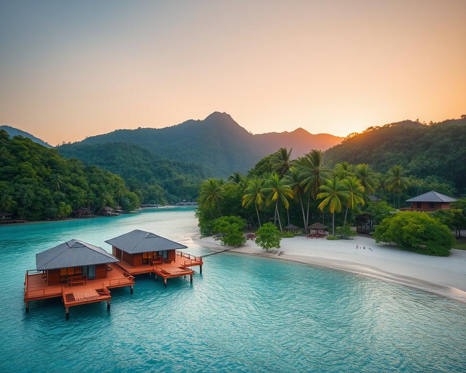 Luxurious resorts on Pulau Tioman nestled among lush green jungle and pristine beaches. In the foreground, showcase elegantly designed over-water villas with wooden decks, surrounded by crystal-clear turquoise waters. In the middle ground, display a serene beach with soft white sands and vibrant tropical vegetation, dotted with palm trees swaying gently in the breeze. In the background, depict majestic hills covered in dense rainforest, while the sky transitions into a warm golden hue during sunset, creating a tranquil atmosphere. Capture the scene with a wide-angle lens to emphasize the expansive beauty of the island, with soft, natural lighting enhancing the tropical paradise feel. The overall mood should evoke relaxation and luxury, inviting viewers to imagine their ideal vacation getaway. Luxurious resorts on Pulau Tioman nestled among lush green jungle and pristine beaches. In the foreground, showcase elegantly designed over-water villas with wooden decks, surrounded by crystal-clear turquoise waters. In the middle ground, display a serene beach with soft white sands and vibrant tropical vegetation, dotted with palm trees swaying gently in the breeze. In the background, depict majestic hills covered in dense rainforest, while the sky transitions into a warm golden hue during sunset, creating a tranquil atmosphere. Capture the scene with a wide-angle lens to emphasize the expansive beauty of the island, with soft, natural lighting enhancing the tropical paradise feel. The overall mood should evoke relaxation and luxury, inviting viewers to imagine their ideal vacation getaway.