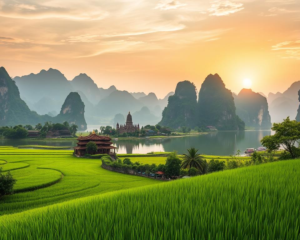 Ninh Binh Karstlandschaft in Vietnam, showcasing dramatic limestone karsts rising majestically against a serene river. In the foreground, vibrant green rice paddies gently slope toward the water, dotted with small, traditional boats gliding through the reflections. The middle ground features lush foliage and clusters of ancient temples nestled among the karsts, with intricate architecture highlighting the area's cultural heritage. In the background, a shimmering sunset casts warm golden and orange hues across the sky, illuminating the jagged silhouettes of the karsts. The scene conveys a peaceful atmosphere, inviting exploration and discovery, with soft, natural lighting to enhance the beauty of this breathtaking landscape. Ninh Binh Karstlandschaft in Vietnam, showcasing dramatic limestone karsts rising majestically against a serene river. In the foreground, vibrant green rice paddies gently slope toward the water, dotted with small, traditional boats gliding through the reflections. The middle ground features lush foliage and clusters of ancient temples nestled among the karsts, with intricate architecture highlighting the area's cultural heritage. In the background, a shimmering sunset casts warm golden and orange hues across the sky, illuminating the jagged silhouettes of the karsts. The scene conveys a peaceful atmosphere, inviting exploration and discovery, with soft, natural lighting to enhance the beauty of this breathtaking landscape.