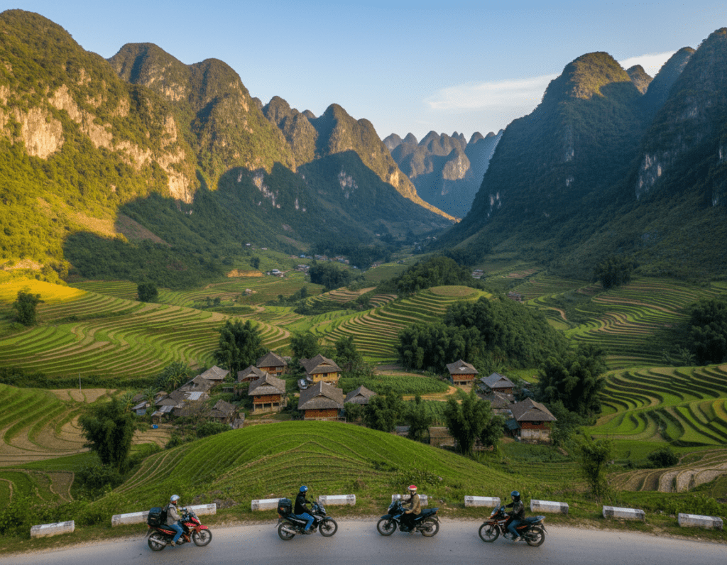 Vibrant landscape of the Ha Giang Loop in northern Vietnam, showcasing breathtaking green terraced fields cascading down dramatic limestone mountains. In the foreground, a winding road hugs the mountainside with a few motorbikes passing by, their riders in modest casual clothing, radiating a sense of adventure. The middle ground features lush valleys dotted with traditional wooden stilt houses, while the background reveals towering cliffs under a bright blue sky, illuminated by soft, golden sunlight of late afternoon, creating a warm and inviting atmosphere. Capture this scene with a slightly elevated perspective to emphasize the depth and grandeur of the landscape, evoking a sense of wanderlust and the allure of exploring this unique region.